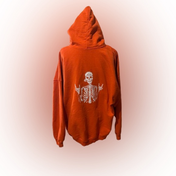 🟧 3 for $30 Gildan Orange Hoodie with Skeleton Design - Picture 1 of 2